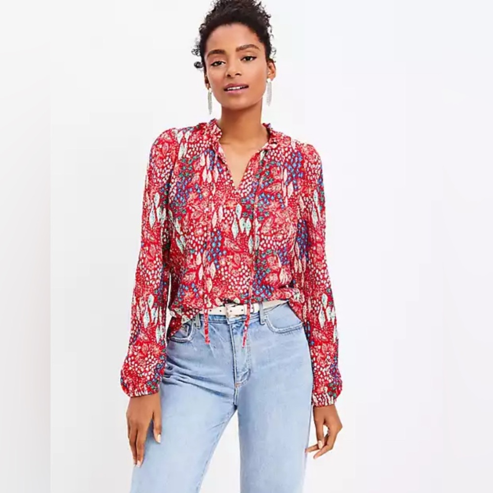 LOFT Textured Ruffle Tie Neck Top